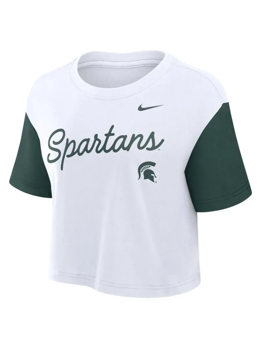 Nike Женская укороченная футболка Michigan State Spartans в бело-зеленой расцветке с цветными — изображение 2 из 3