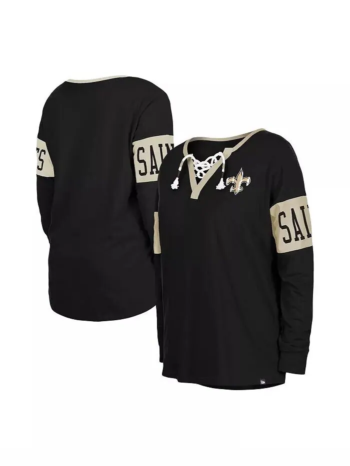 Женская черная футболка New Orleans Saints со шнуровкой и вырезом с длинными рукавами New Era