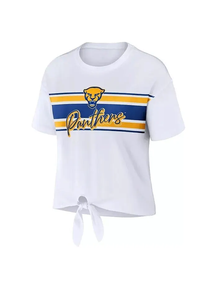 Женская белая укороченная футболка Pitt Panthers в полоску спереди с узлом Wear By Erin Andrews — изображение 3 из 3