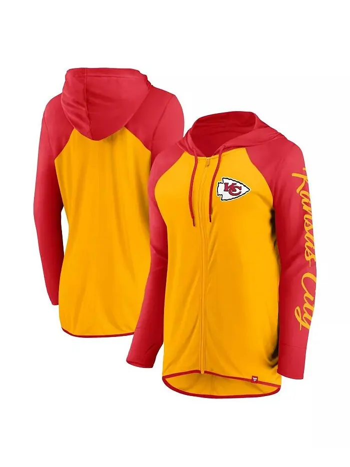 Женская толстовка с капюшоном на молнии с надписью Kansas City Chiefs Script золотисто-красного — изображение 1 из 3