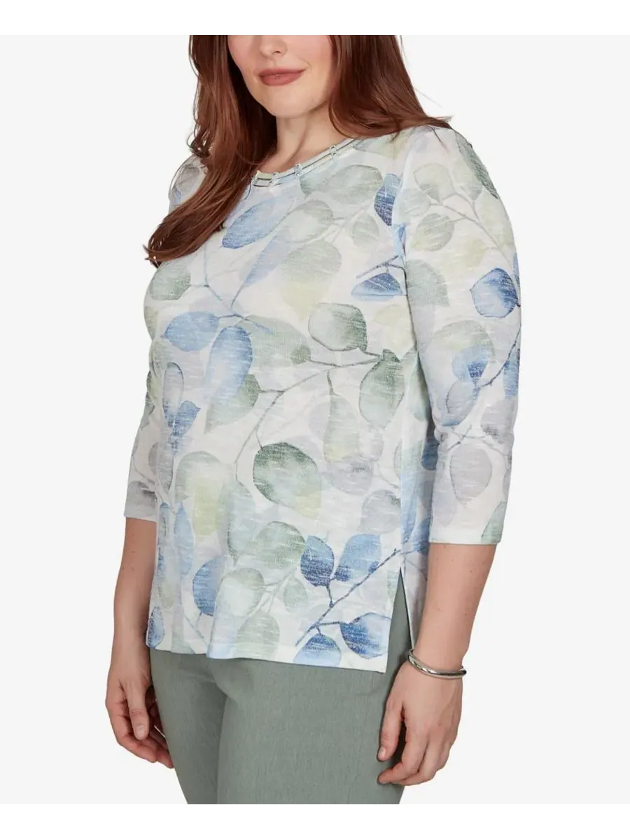 Блуза с принтом Provence Watercolor Allover Leaf Print Alfred Dunner, Bluemul — изображение 2 из 5