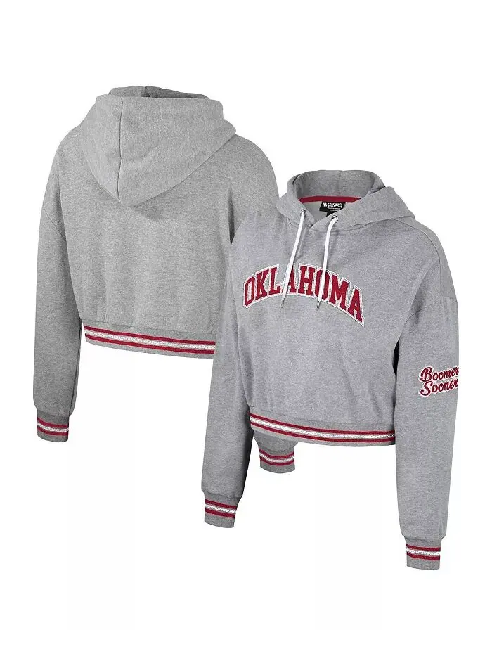 Женский укороченный толстовка с капюшоном Oklahoma Sooners цвета серого меланжа с потертостями и — изображение 1 из 3