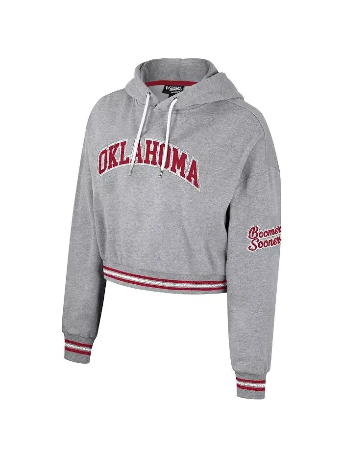 Женский укороченный толстовка с капюшоном Oklahoma Sooners цвета серого меланжа с потертостями и — изображение 2 из 3