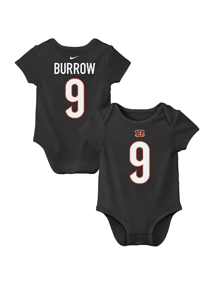 Боди для мальчиков и девочек Joe Burrow черное с именем игрока и номером Cincinnati Bengals Nike