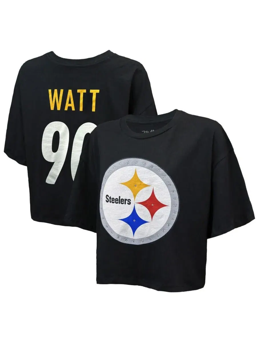 Женская футболка TJ Watt черного цвета с логотипом Pittsburgh Steelers, украшенная кристаллами — черный