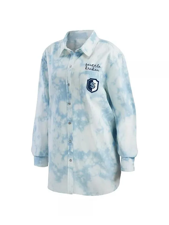 Женская белая джинсовая рубашка на пуговицах Seattle Kraken Oversized с принтом тай-дай Wear By — изображение 2 из 3