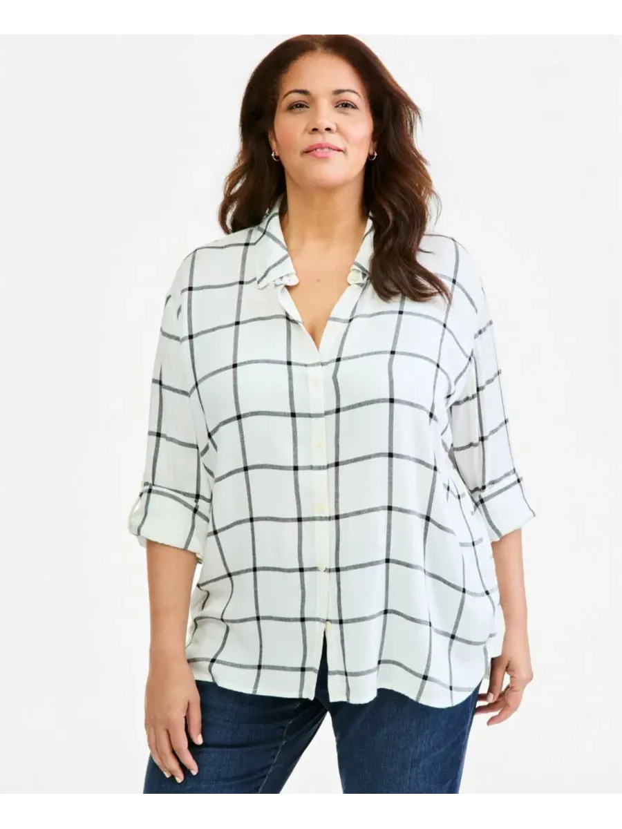 Рубашка с принтом в клетку с длинным рукавом Style & Co, Plaid Vanilla