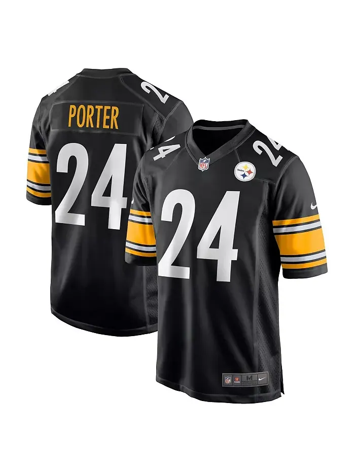 Мужская игровая футболка Joey Porter Jr. черная Pittsburgh Steelers, выбор драфта НФЛ 2023 Nike — изображение 1 из 3