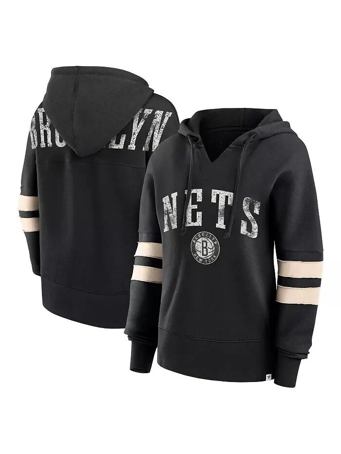 Женская черная потертая толстовка с капюшоном Brooklyn Nets Bold Move Dolman с V-образным вырезом — изображение 1 из 3