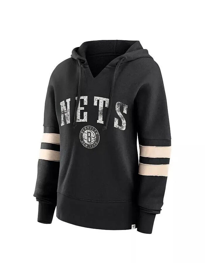Женская черная потертая толстовка с капюшоном Brooklyn Nets Bold Move Dolman с V-образным вырезом — изображение 2 из 3