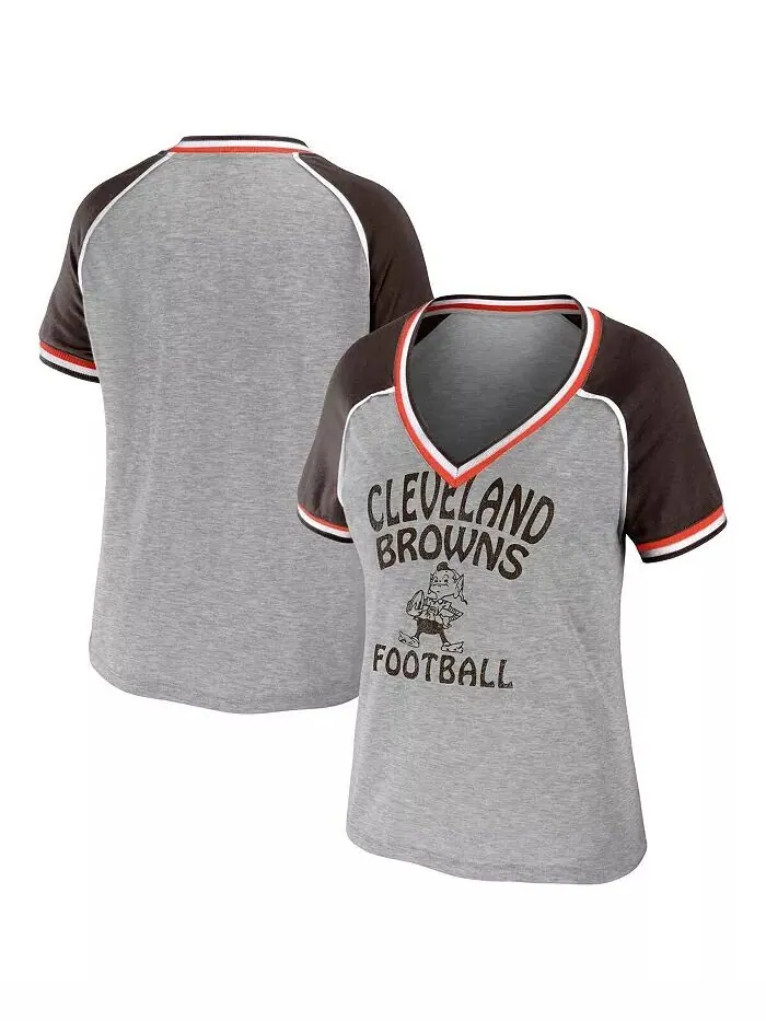 Женская футболка Cleveland Browns цвета меланж с потертостями и V-образным вырезом, укороченная, с — изображение 1 из 3