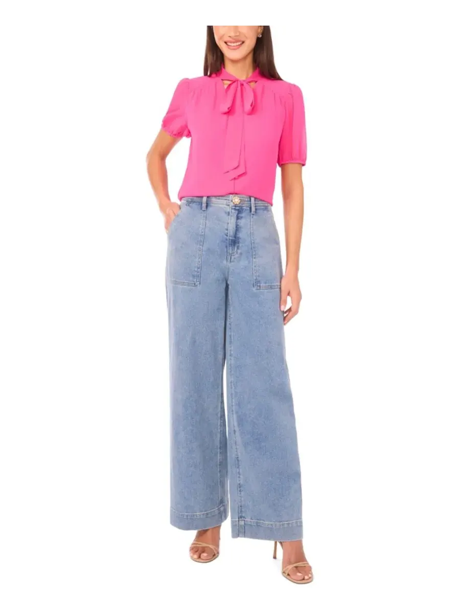 Женская блузка с короткими рукавами и бантом CeCe, Brilliant Fuchsia — изображение 2 из 5