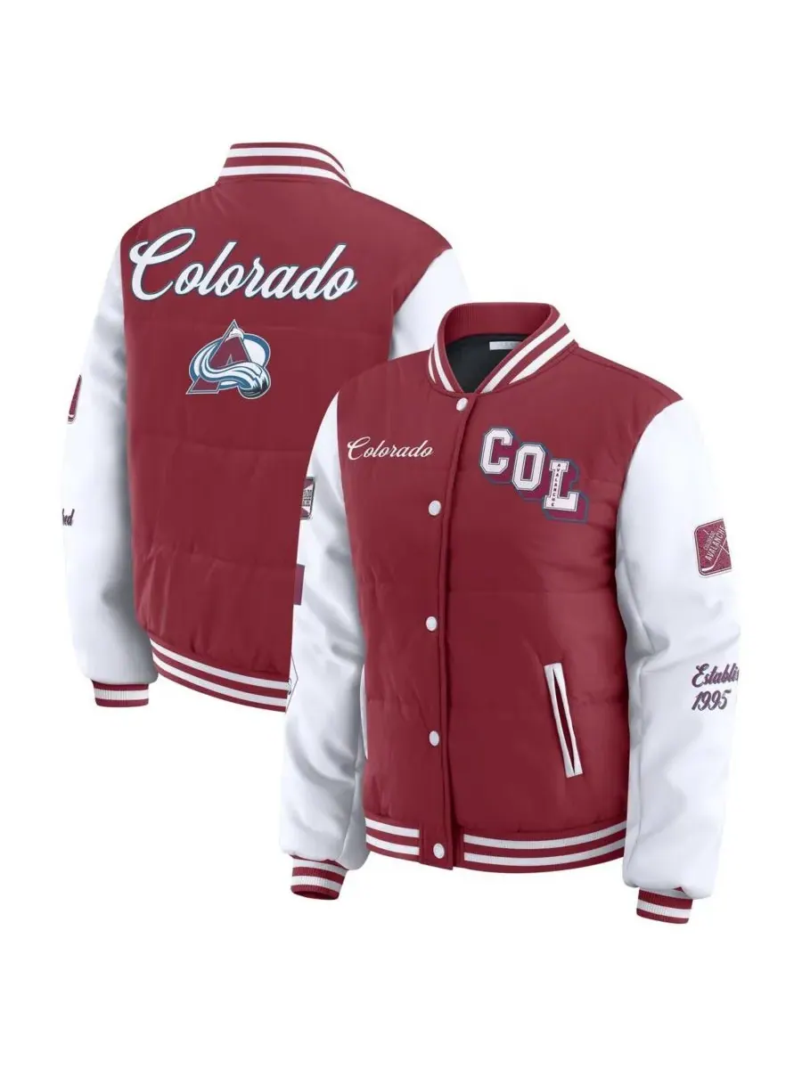 WEAR by Erin Andrews Женская бордово-белая пуховая куртка Colorado Avalanche Varsity на кнопках — изображение 1 из 3