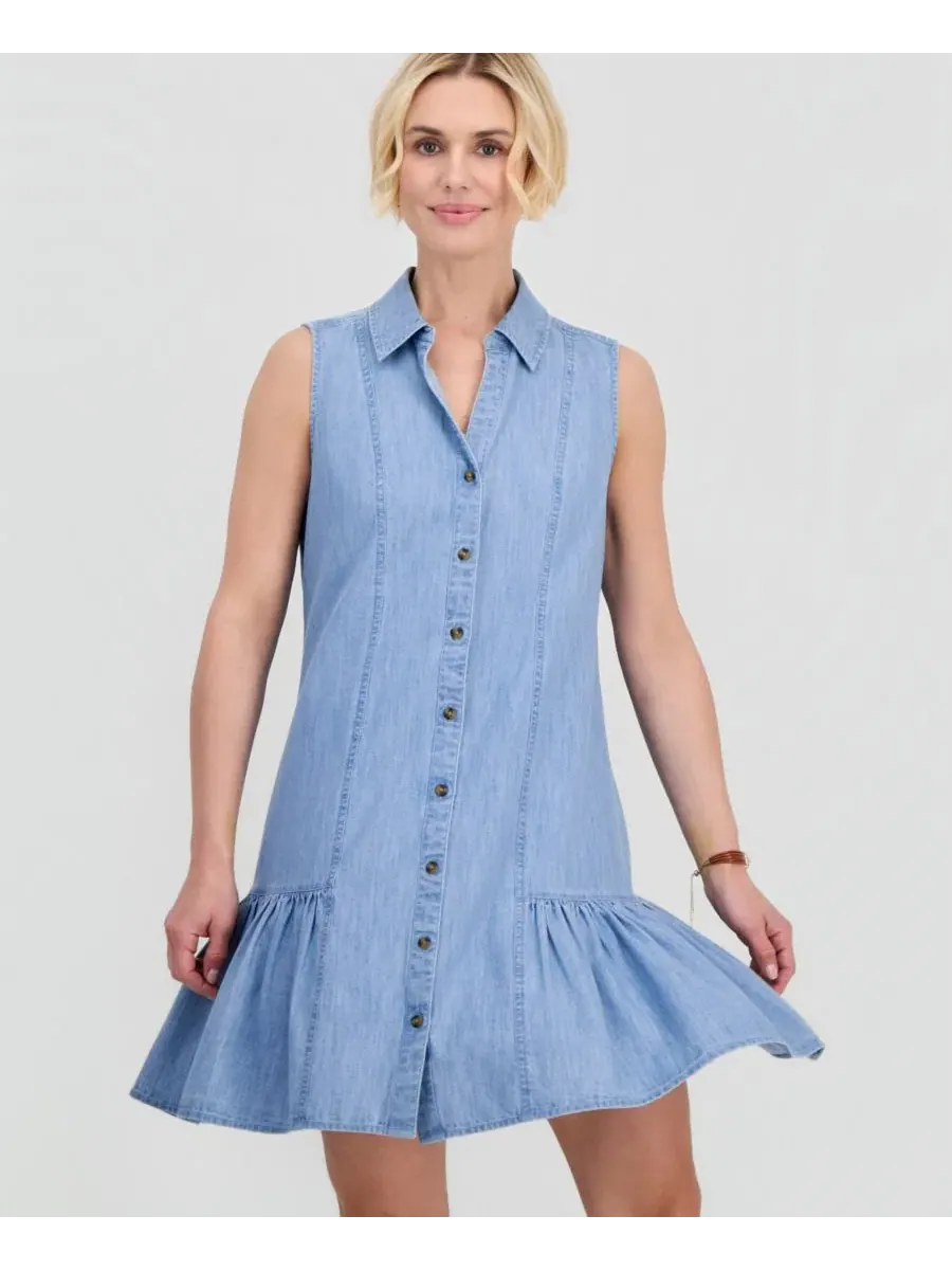 Платье-рубашка без рукавов из хлопка Petite Cotton Chambray Sleeveless Shirtdress Style & Co — изображение 3 из 5