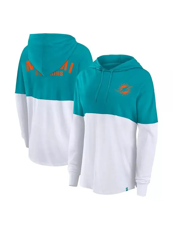 Женская футболка-худи с длинным рукавом Miami Dolphins цвета морской волны/белого цвета с надписью — изображение 1 из 4