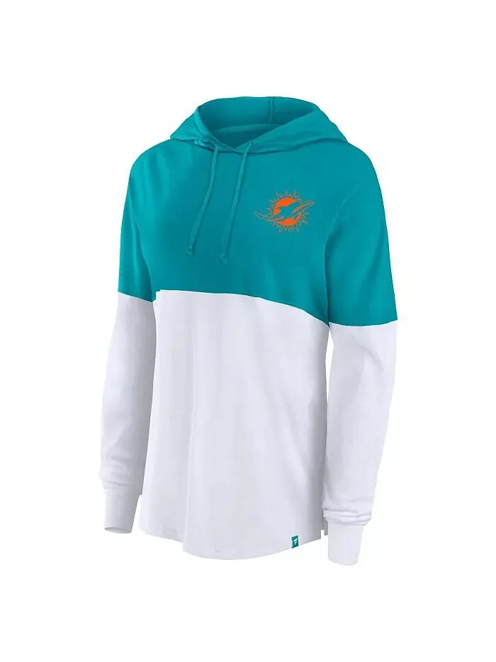 Женская футболка-худи с длинным рукавом Miami Dolphins цвета морской волны/белого цвета с надписью — изображение 2 из 4