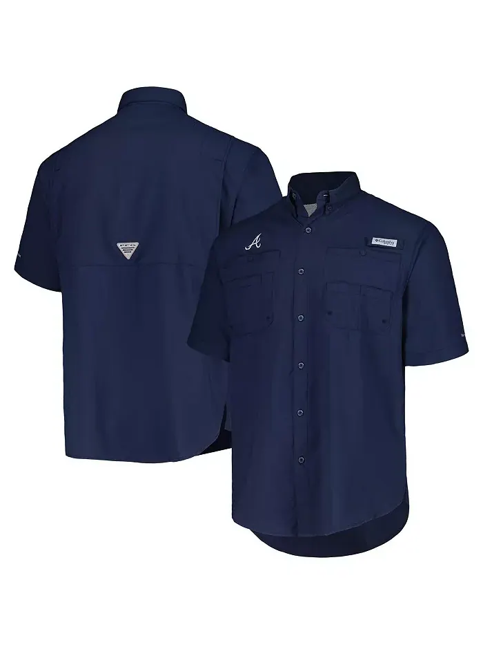 Мужская голубая рубашка Atlanta Braves Tamiami Omni-Shade с пуговицами Columbia — изображение 1 из 4