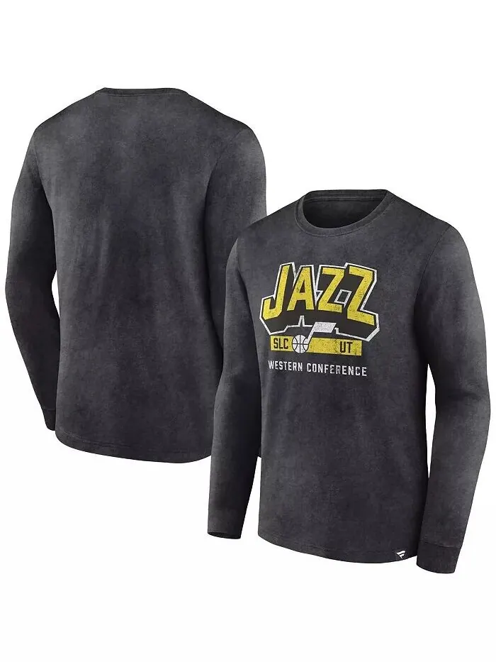 Футболка мужская Heather Charcoal Distressed Utah Jazz Front Court Press Snow Wash с длинным — изображение 1 из 3