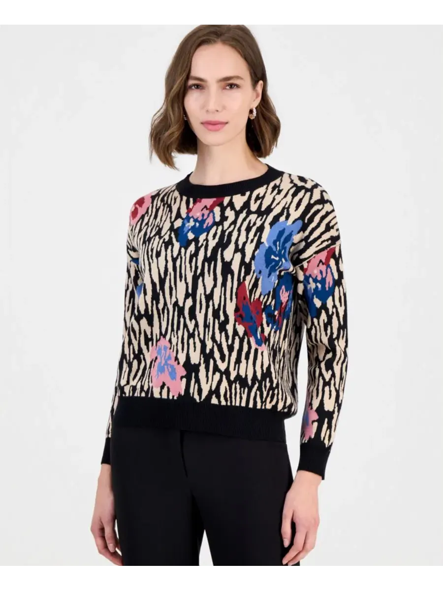 Свитер с круглым вырезом и жаккардовым узором T Tahari, Floral Leopard