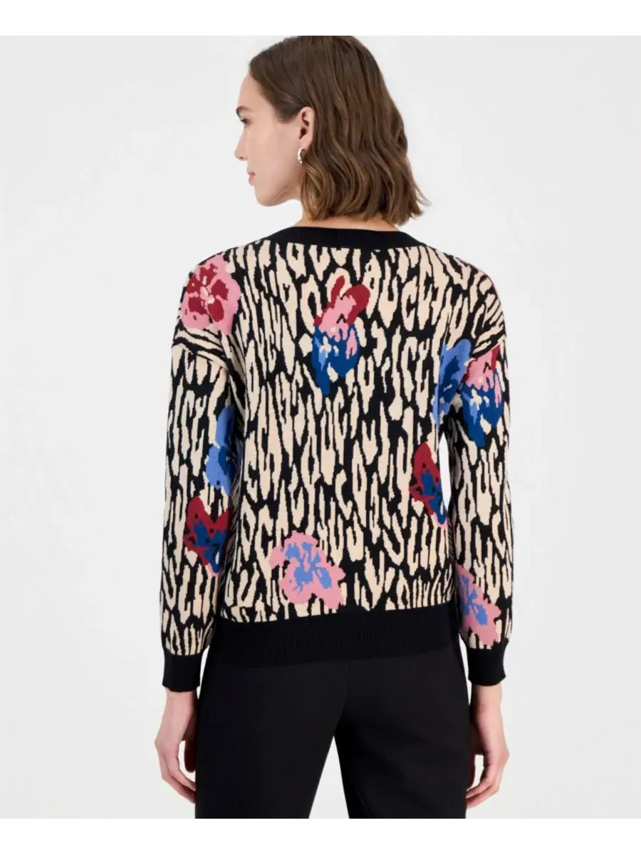Свитер с круглым вырезом и жаккардовым узором T Tahari, Floral Leopard — изображение 2 из 4