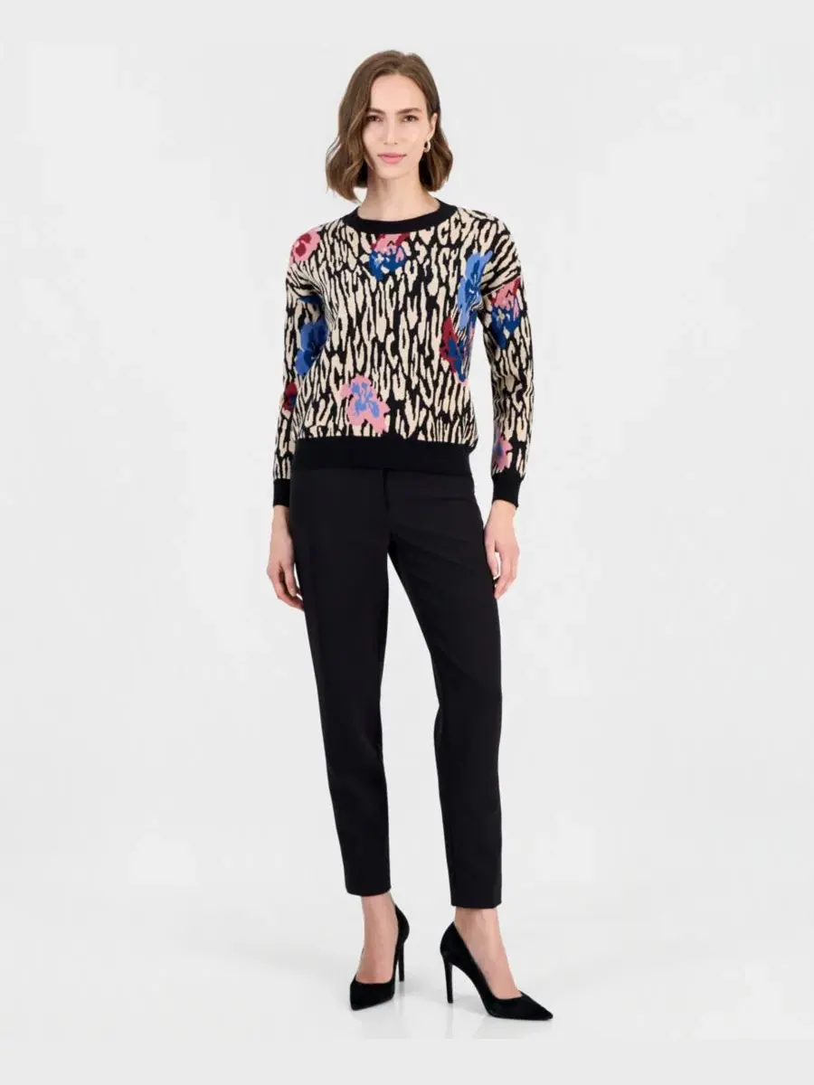 Свитер с круглым вырезом и жаккардовым узором T Tahari, Floral Leopard — изображение 3 из 4
