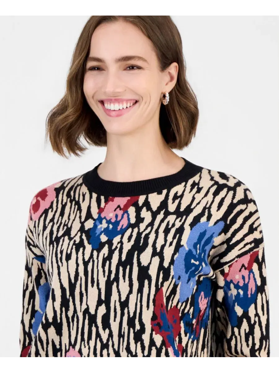 Свитер с круглым вырезом и жаккардовым узором T Tahari, Floral Leopard — изображение 4 из 4