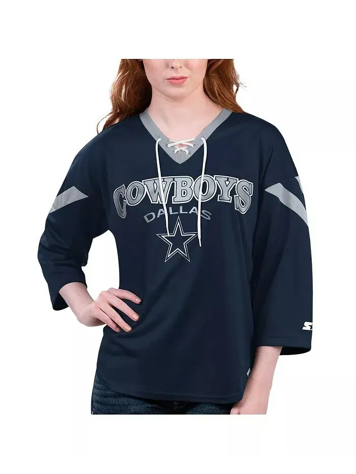 Женская темно-синяя футболка Dallas Cowboys Rally со шнуровкой и рукавом 3/4 Starter