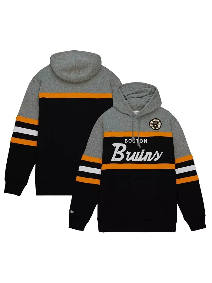Мужская черно-серая толстовка с капюшоном Head Coach Boston Bruins Mitchell & Ness — изображение 1 из 4