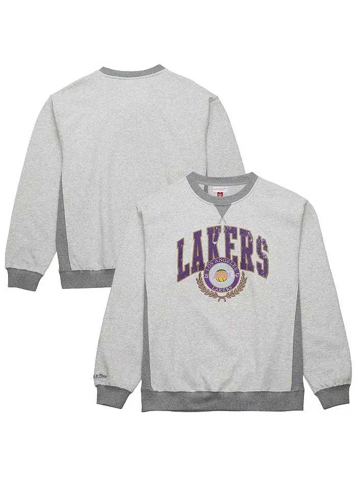 Мужской свитшот с винтажным логотипом Los Angeles Lakers в цвете heather gray Mitchell & Ness