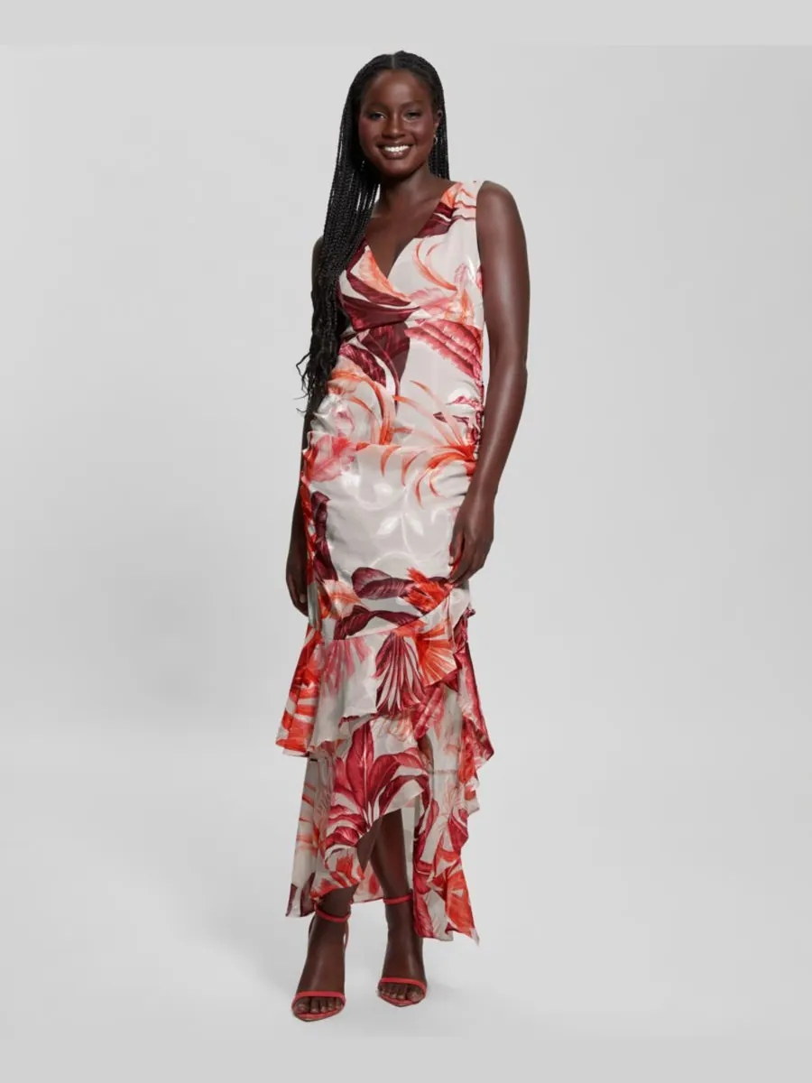 Женское длинное платье Ava из сетчатой ткани с принтом и оборками GUESS, TROPIC ECLIPSE PRINT CORAL