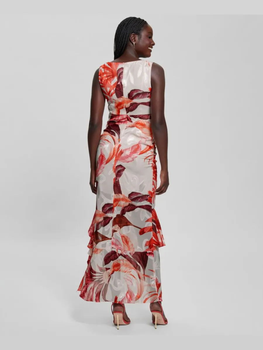 Женское длинное платье Ava из сетчатой ткани с принтом и оборками GUESS, TROPIC ECLIPSE PRINT CORAL — изображение 2 из 2