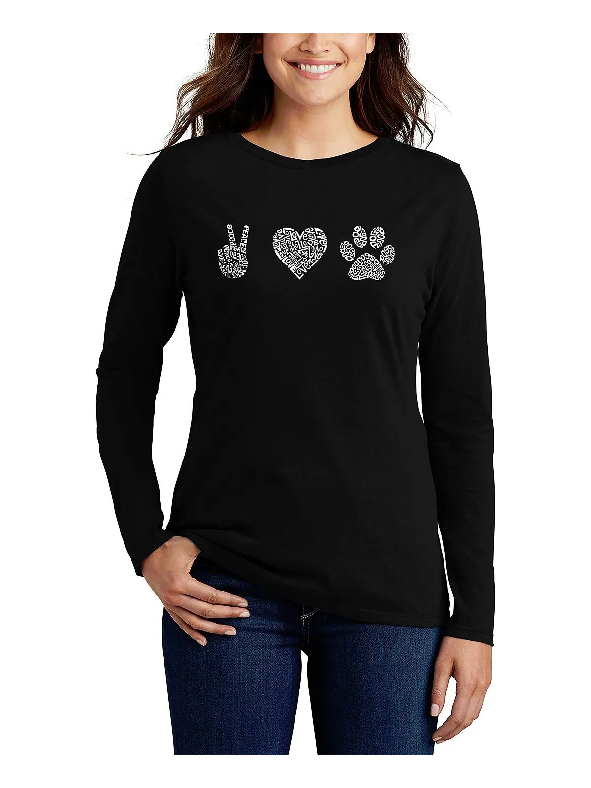 Женская футболка с длинными рукавами Peace Love Dogs Word Art LA Pop Art — изображение 1 из 3, черный