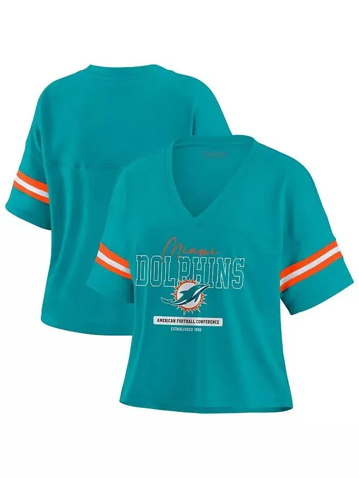 Женская футболка Aqua Miami Dolphins Color Block с V-образным вырезом и свободным кроем WEAR by