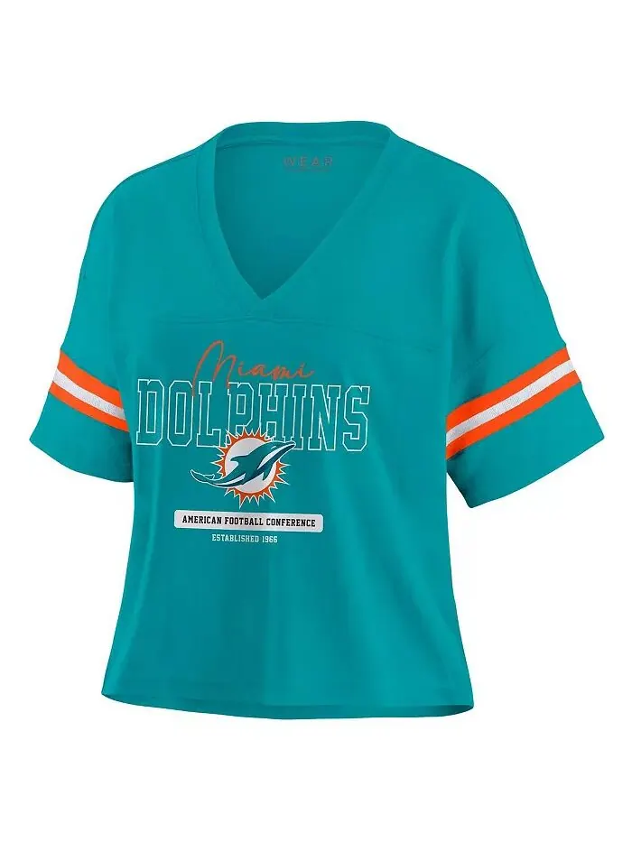 Женская футболка Aqua Miami Dolphins Color Block с V-образным вырезом и свободным кроем WEAR by — изображение 2 из 4