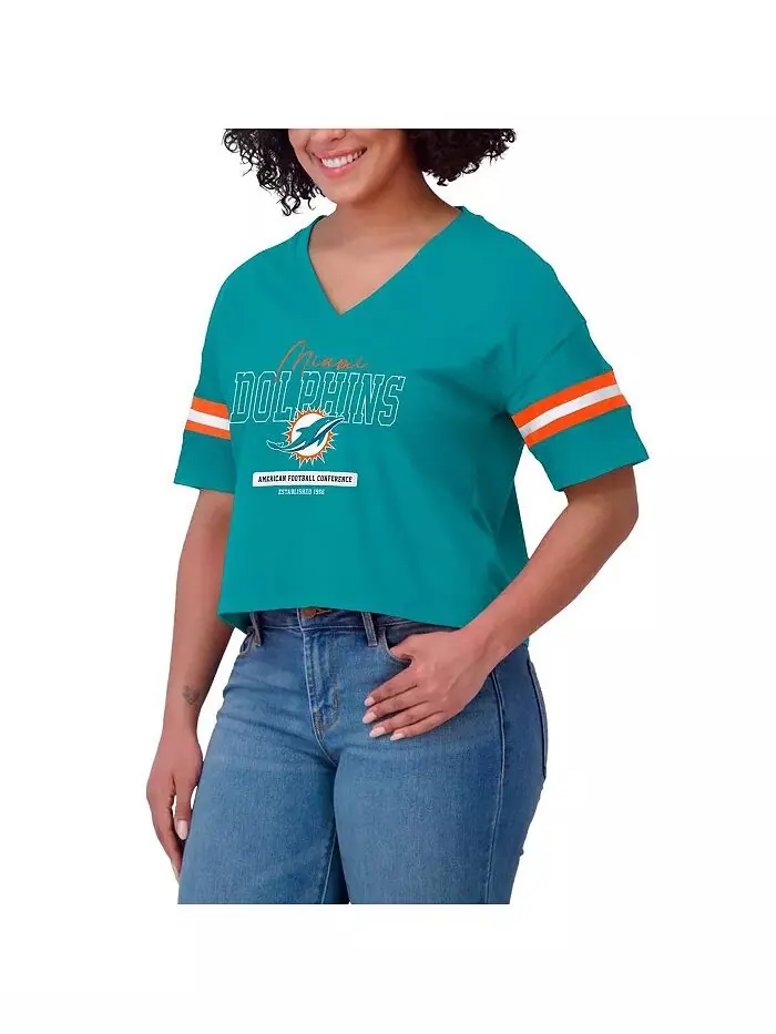 Женская футболка Aqua Miami Dolphins Color Block с V-образным вырезом и свободным кроем WEAR by — изображение 4 из 4