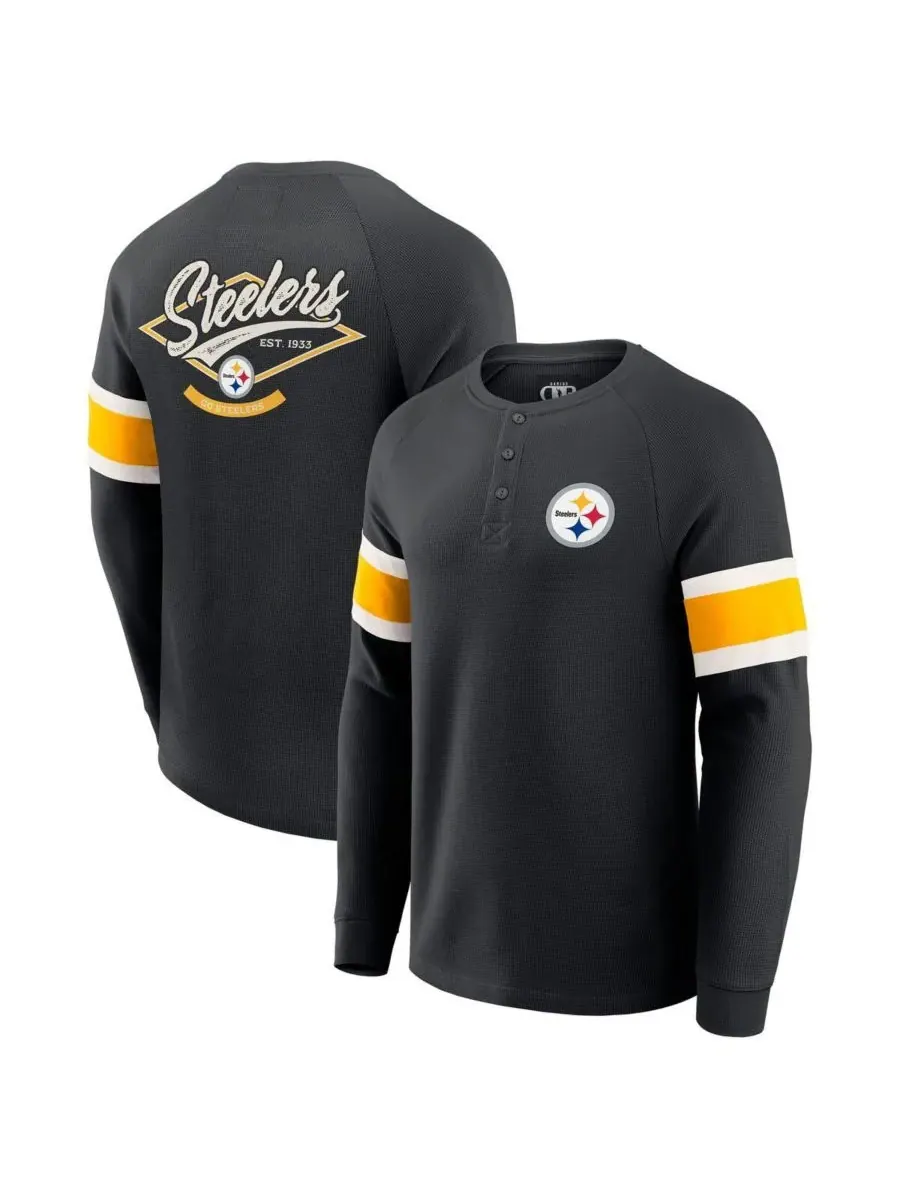 Fanatics Мужская черная футболка-поло с длинными рукавами и вафельной вязкой Pittsburgh Steelers — изображение 1 из 5, черный