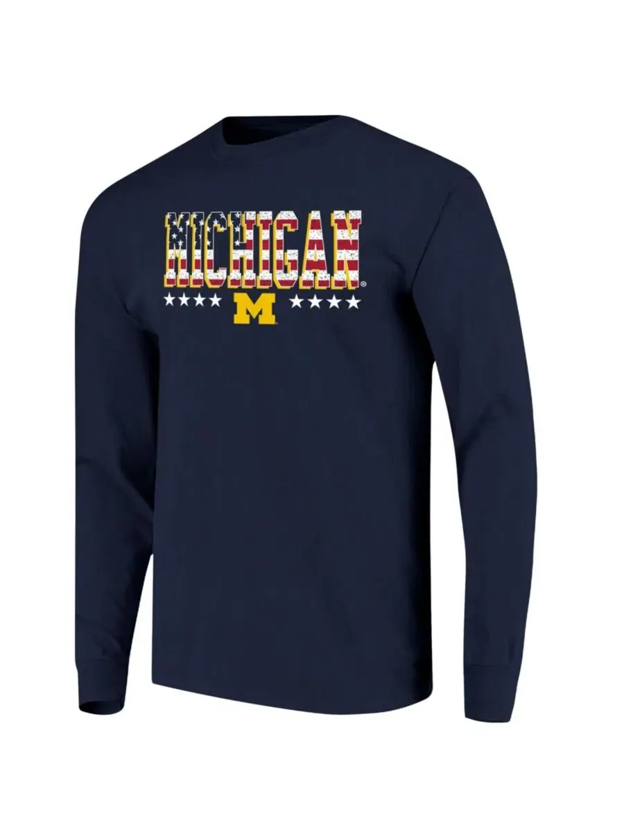 Футболка с длинным рукавом с принтом флага Michigan Wolverines Tall Type Flag Image One — изображение 3 из 3, темно-синий