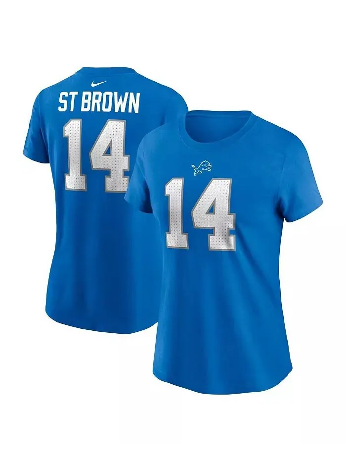 Женская футболка Amon-Ra St. Brown Blue Detroit Lions с именем и номером игрока Nike