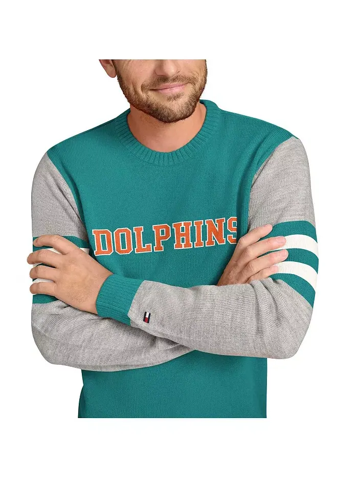 Мужской акриловый свитшот с круглой горловиной Miami Dolphins в цвете аква/серый хизер Tommy — изображение 2 из 3