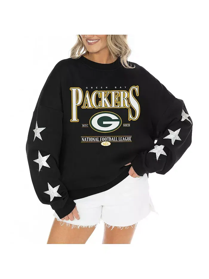 Женский черный свитер Green Bay Packers со стразами и звездами на рукавах Settle the Score из — изображение 1 из 3