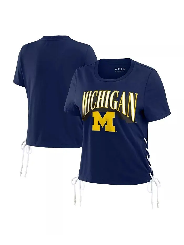 Женская темно-синяя футболка Michigan Wolverines Side Lace-Up Modest Crop WEAR by Erin Andrews