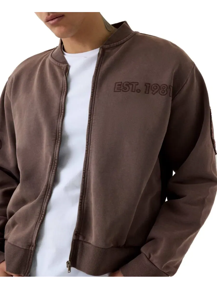 Свитшот с принтом на спине, с воротником-стойкой и молнией, Zip Patch Logo GUESS, Silk Taupe — изображение 3 из 5