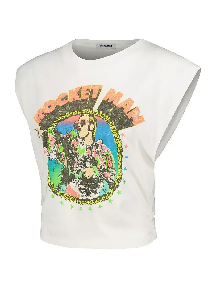 Женская белая футболка Elton John Rocket Man Banded '72 Daydreamer — изображение 2 из 3