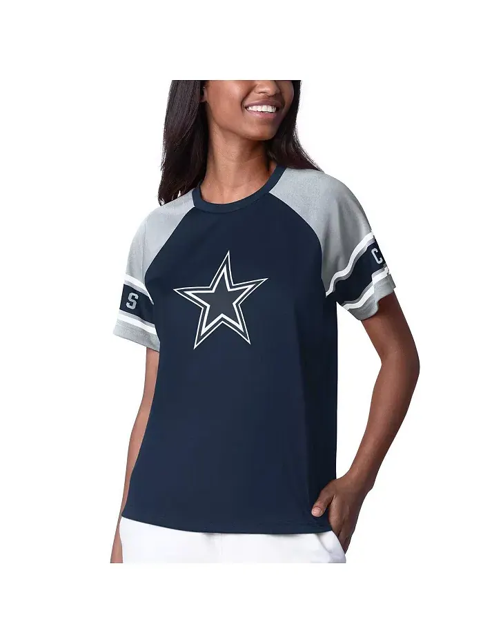 Женский темно-синий топ Dallas Cowboys 1-го раунда с цветными блоками и регланами Starter