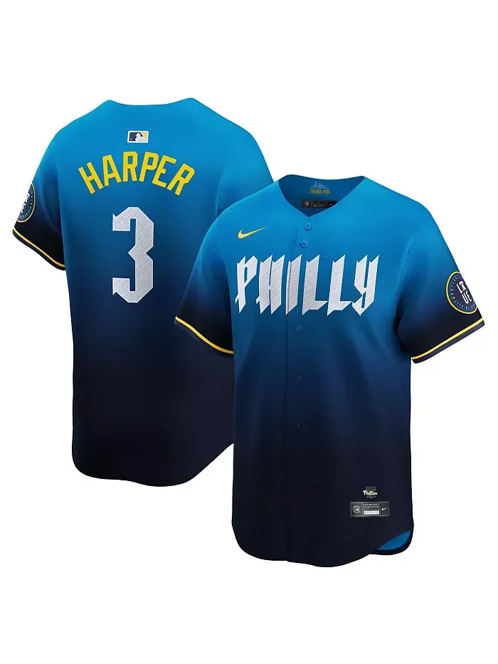 Мужская ограниченная игровая футболка Bryce Harper Philadelphia Phillies City Connect в синем цвете