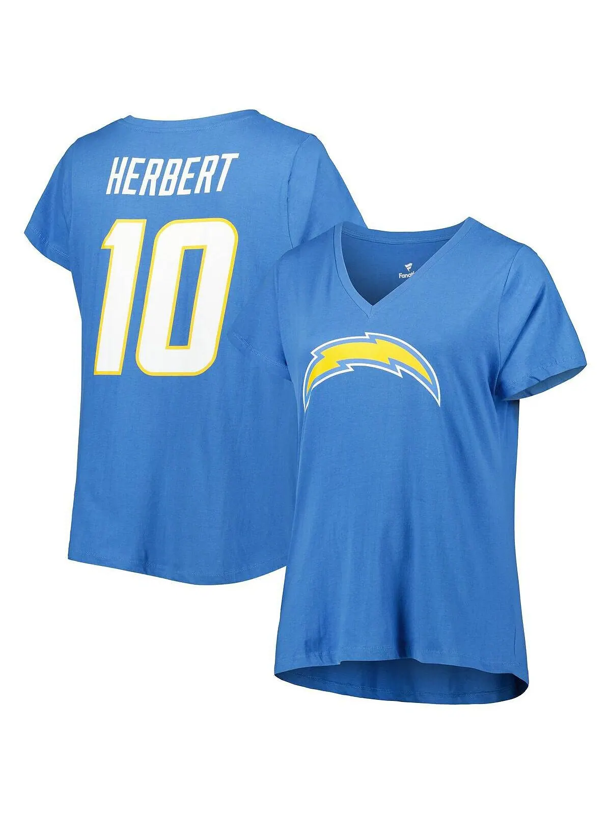 Женская фирменная футболка Justin Herbert Powder Blue Los Angeles Chargers размера плюс с именем и