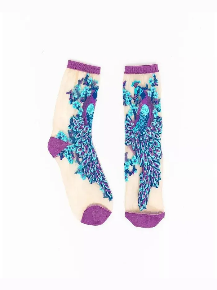 Женские прозрачные носки цвета аквамарина с павлином Sock Candy