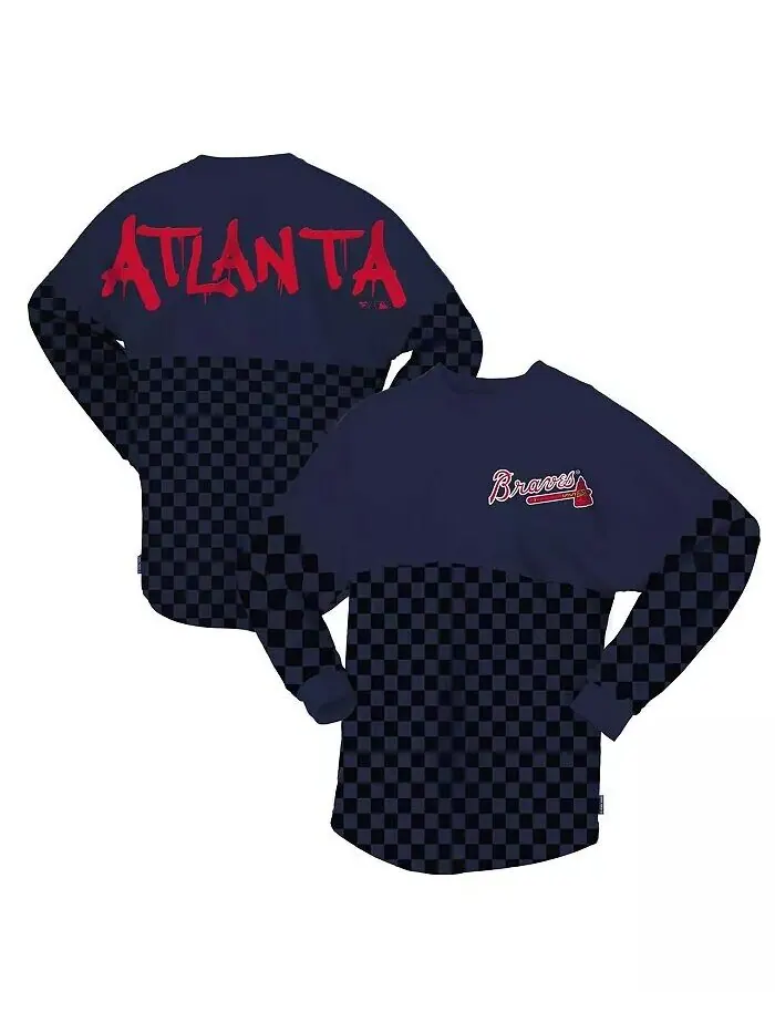 Женская темно-синяя футболка с длинным рукавом Atlanta Braves Checker Print Spirit Jersey