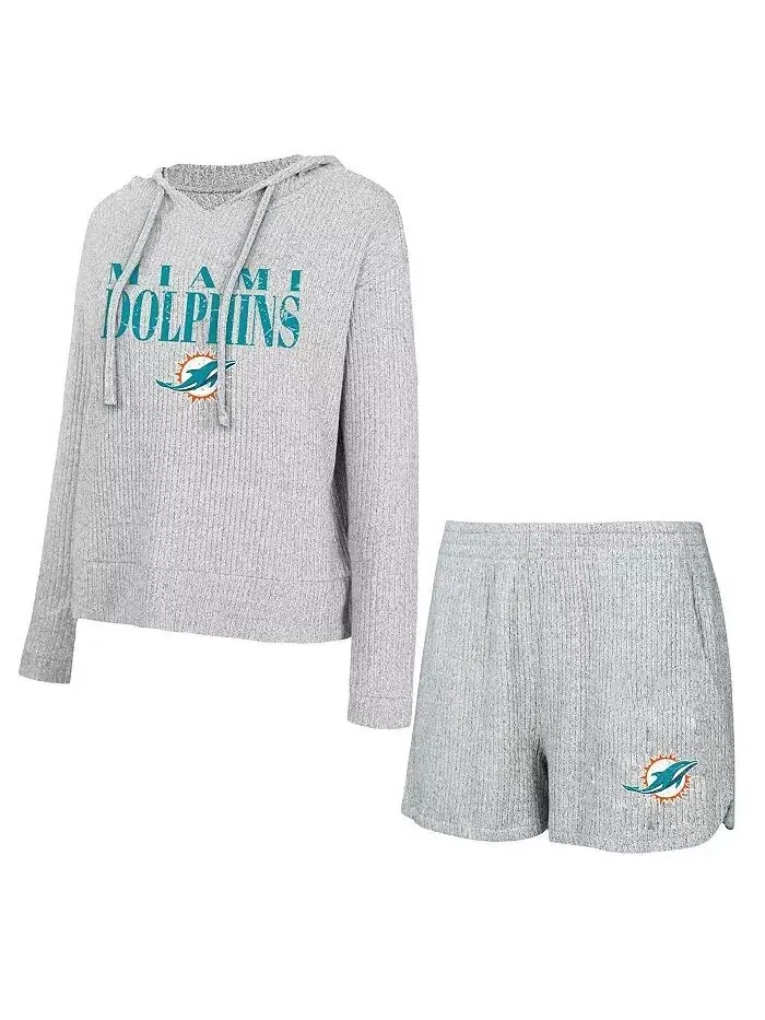 Женский серый комплект из футболки и шорт Miami Dolphins Juniper с длинным рукавом и капюшоном — изображение 1 из 3