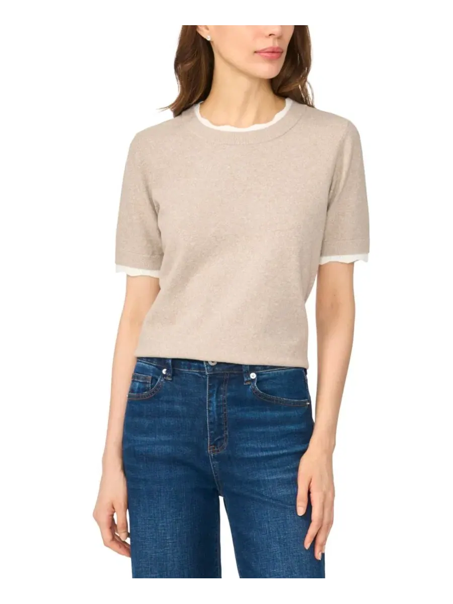 Женский джемпер-пуловер с кружевной отделкой и коротким рукавом, модель Scalloped-Trim Short-Sleeve